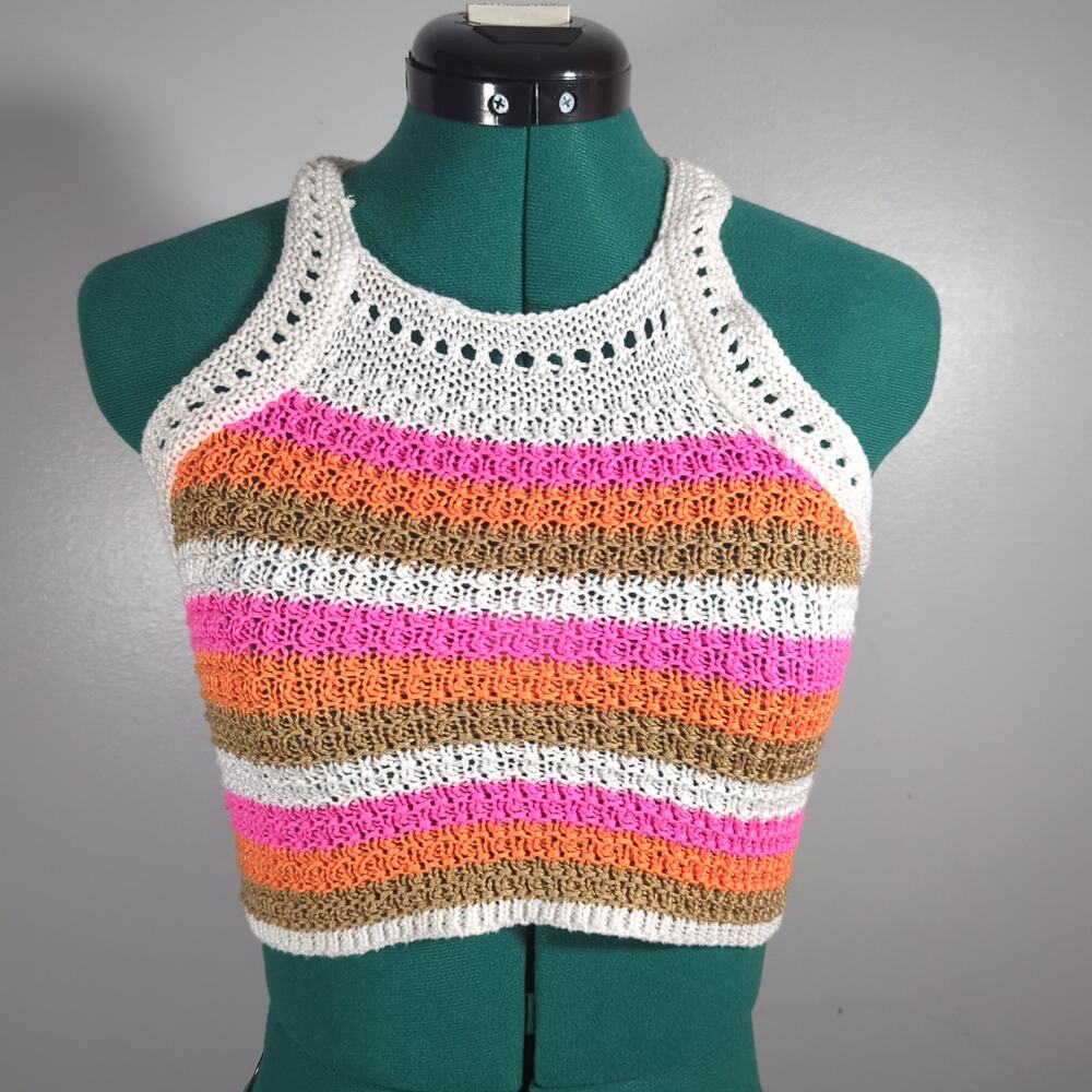 Jolie & Joy Crochet Lace Up Halter Crop Top Boho Festival Medium